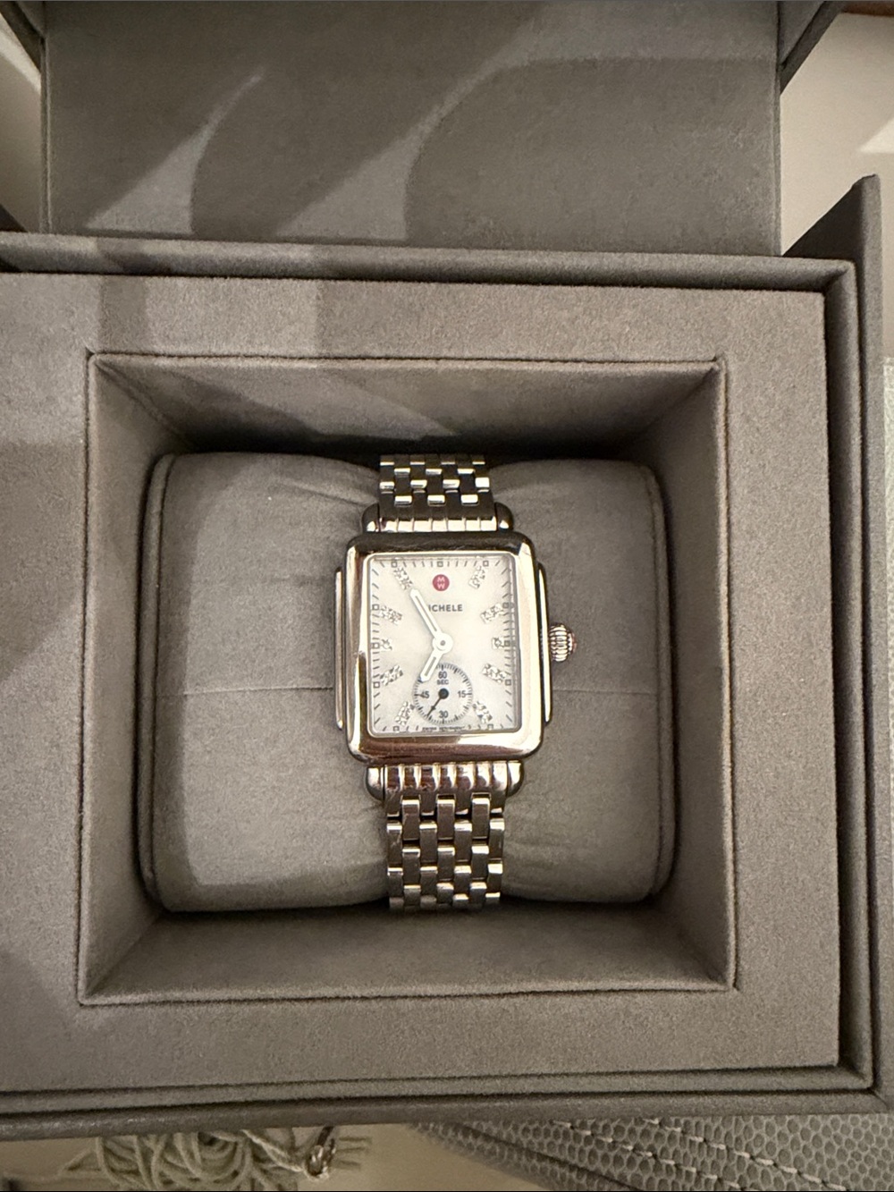 Michele Silver Rectangular Stainless Steel Bracelet Watch with White Dial